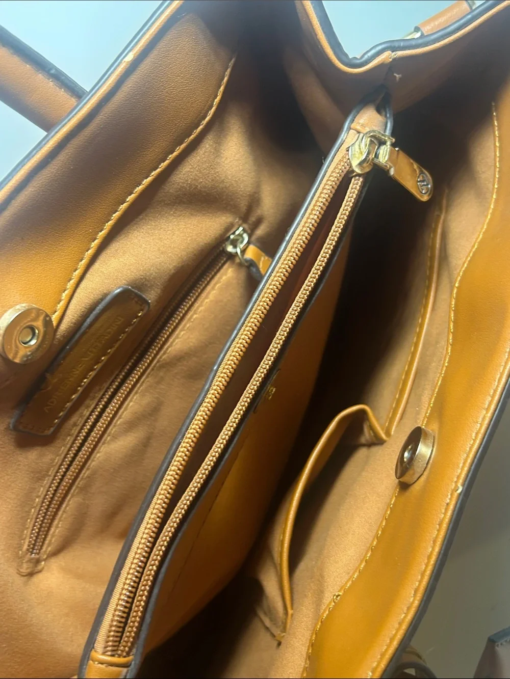 Adrienne Vittadini Tan Croc-Embossed Satchel with Cognac Trim